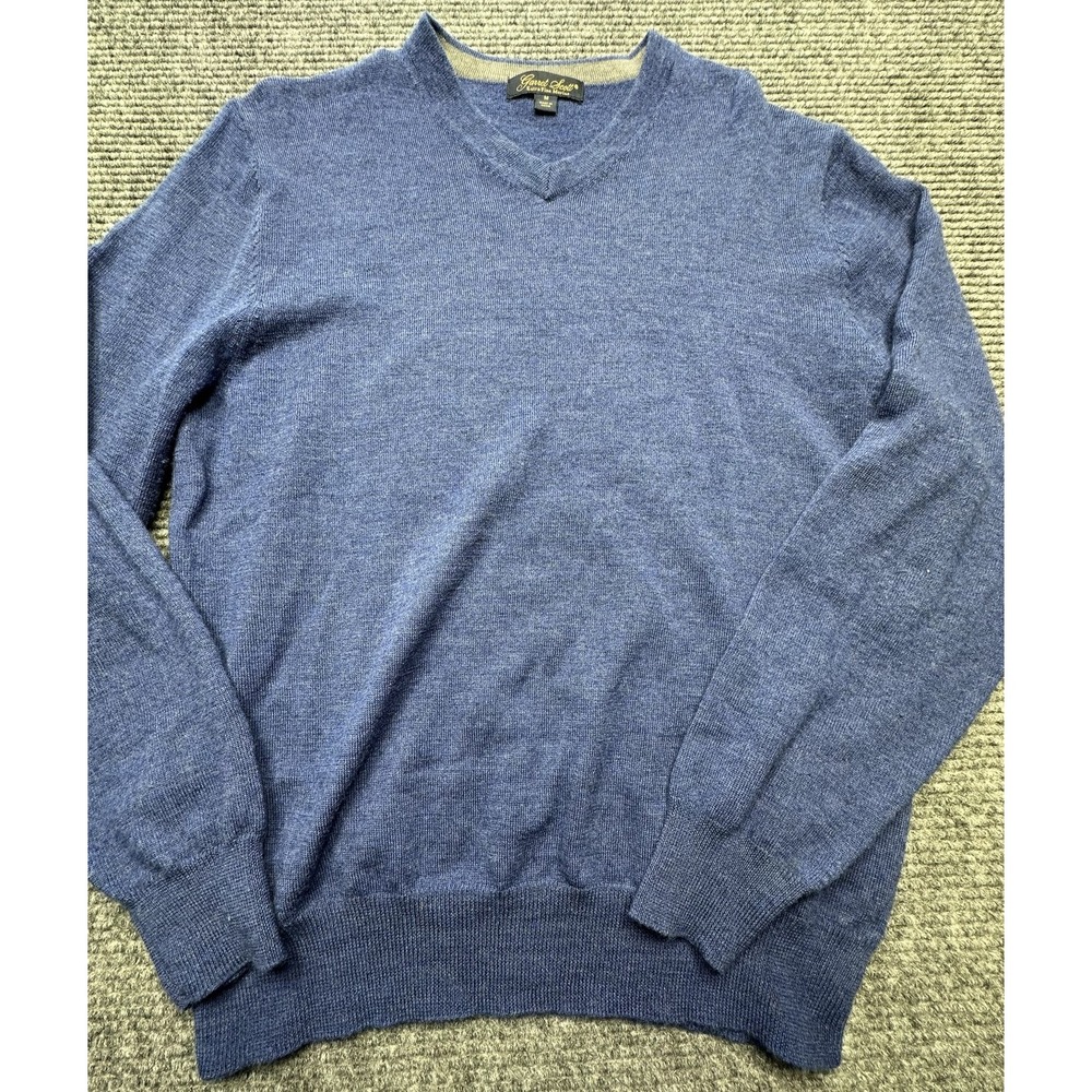Garret Scott Sweater Mens Medium Blue V Neck Extra Fine Merino Wool Pullover